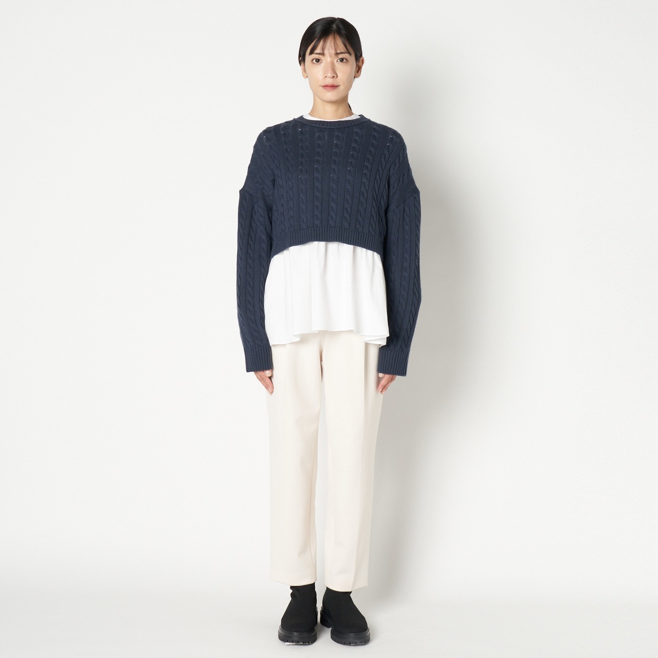 COTTON WOOL CABLE SHORT TOP 詳細画像 ネイビー 1